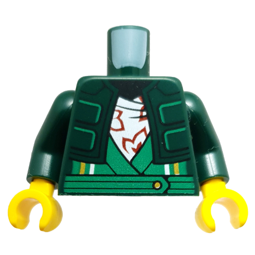 Torso, Puffed Jacket, Bright Green Ninja Roves, White Shirt with Dark Red Flowers print, Dark Green Arms, Yellow Hands Dark Green