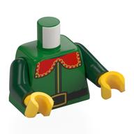 Torso, Elf Costume, Red Collar, Dark Green Trim, Black Belt, Gold Belt Buckle print, Dark Green Arms, Yellow Hands Green