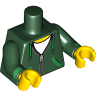 Torso Hoodie with Silver Zipper and Green Ties and Pockets over White Shirt Print, Dark Green Arms with Green Cuffs Print, Yellow Hands Dunkelgrün