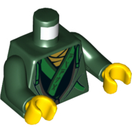 Torso Hoodie with Bright Green Pocket Trim and Ties and Gray Zipper over Robe with Asian Characters on Bright Green Trim Print, Dark Green Arms, Yellow Hands Dunkelgrün