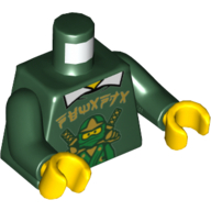Torso Sweater, Green Ninja and Gold Asian Characters and White Shirt Collar Print, Dark Green Arms, Yellow Hands Dunkelgrün