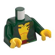 Torso Jacket, Open over Yellow Jumpsuit, Red Belt Buckle Print, Dark Green Arms, Yellow Hands Dark Green
