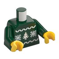 Torso, Christmas Sweater, White Snowflakes, Tree print, Dark Green Arms, Yellow Hands Dark Green