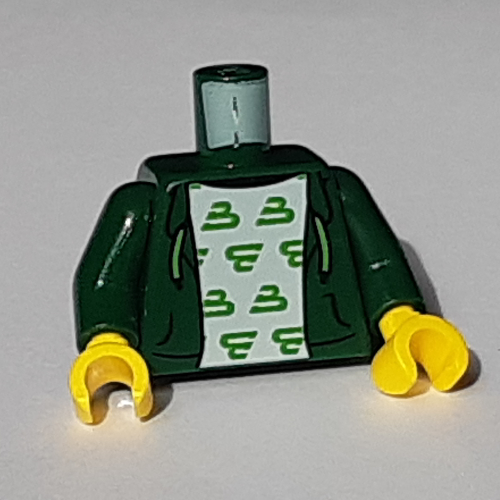 Torso Hoodie, Open with Green Laces, over White Undershirt with Blacktron Logo Print, Dark Green Arms, Yellow Hands Dark Green
