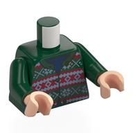 Torso Cardigan, Knitted with Sand Green and Dark Red Design, Collar and Buttons Print, Dark Green Arms, Light Nougat Hands Dark Green