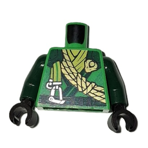 Torso, Ninja Robes, Dark Green Trim, Belt, Orange Rope, Silver Clips, Lime Sash print, Dark Green Arms, Black Hands Hellgrün