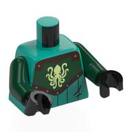 Torso, Armor, Dark Green Chest with Yellowish Green Kraken, Reddish Brown Trim print, Dark Green Arms, Black Hands Dark Turquoise