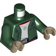 Torso Jacket, Open with Zippers over White Undershirt, Belt with Silver Buckle Print, Dark Green Arms, Medium Lavender Hands Dark Green