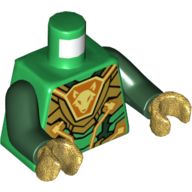 Torso Armor with Gold Plates and Orange Hexagon with Fox Head Print (Aaron), Dark Green Arms, Pearl Gold Hands Green