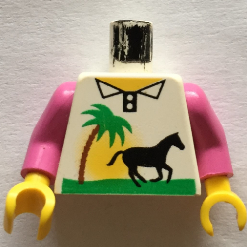 Torso Shirt with Horse, Tree, and Sunset Print, Dark Pink Arms, Yellow Hands White