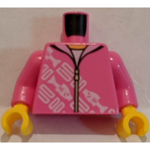 Torso Hoodie with Diagonal White Rectangles and Fish Print, Dark Pink Arms, Yellow Hands Dark Pink