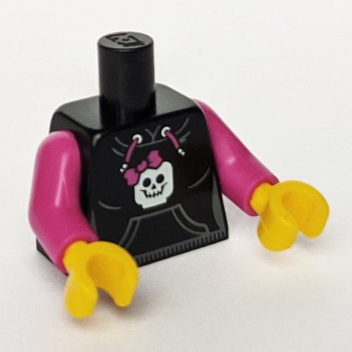 Torso Hoodie with Pocket, Drawstring and Minifig Skull Print, Magenta Arms, Yellow Hands - No Back Print Black