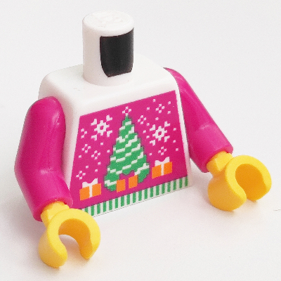 Torso, Christmas Sweater with White Decorations, Christmas Tree, Snowman, Gifts Print, Magenta Arms, Yellow Hands White