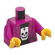 Torso Jacket with Zipper Pockets, Open over Black Undershirt with White Skull / 'Tour' Print, Magenta Arms, Yellow Hands Magenta