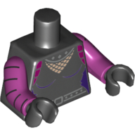 Torso Jumpsuit with Fishnet Inset and Silver Studded Collar and Belt with Buckle / Outline and Belt on Back Print, Magenta Arms with Black Stripes, Black Hands Schwarz