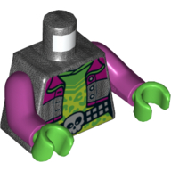 Torso Jacket with Magenta Panels, Open over Lime and Bright Green Undershirt, Belt with Skull Buckle Print, Magenta Arms, Bright Green Hands Pearl Titanium