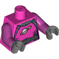 Torso Spacesuit with Belts and Classic Space Logo Print, Magenta Arms, Dark Bluish Gray Hands Dark Pink