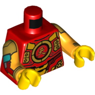 Torso Armor, Gold and Dark Red Plating, Circle with Chinese Character Print, Bright Light Orange Arms with Gold, Dark Red, and Dark Turquoise Armor Print, Yellow Hands Red