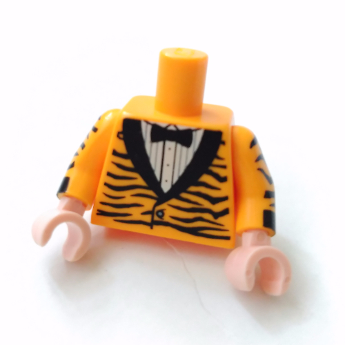 Torso Tuxedo Jacket with Tiger Stripes and Black Bow Tie Print, Bright Light Orange Arms with Tiger Stripes Print, Light Nougat Hands Leuchtendes Hellorange