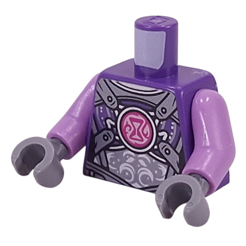 Torso, Silver Armor, Straps, Magenta Hourglass on Bright Pink Circle print, Lavender Arms, Dark Bluish Gray Hands Dunkellila