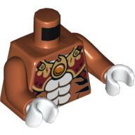 Torso Bare Chest with Tiger Stripes, Dark Red and Gold Armor with Straps and Fire Chi Emblem Print, Dark Orange Arms, White Hands Dunkelorange