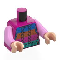 Torso, Knitted Sweater, Dark Blue/Dark Orange/Dark Purple/Dark Turquoise Bands print, Bright Pink Arms, Light Nougat Hands Magenta