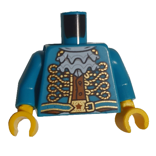 Torso Jacket with Gold Filigree, White Ruffle, Orange Shirt print, Dark Turquoise Arms, Yellow Hands Dunkeltürkis