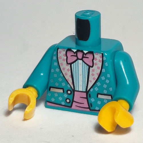Torso Jacket, Dotted Bright Pink Collar, Bright Light Blue and White Striped Shirt, Dark Pink Bow Tie print, Dark Turquoise Arms, Yellow Hands Dark Turquoise
