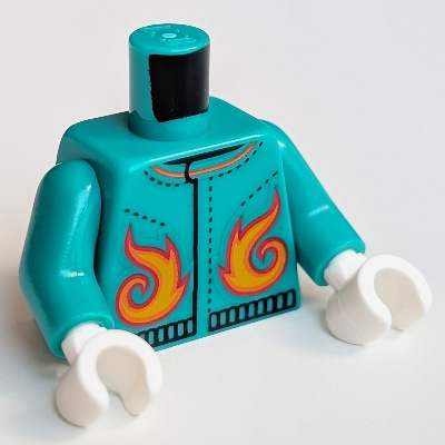 Torso Jacket, Orange Flames Print, Dark Turquoise Arms, White Hands Dark Turquoise