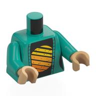 Torso, Jacket, Black Shirt with Striped Yellow/Bright Light Orange/Orange Circle print, Dark Turquoise Arms, Warm Tan Hands Dark Turquoise