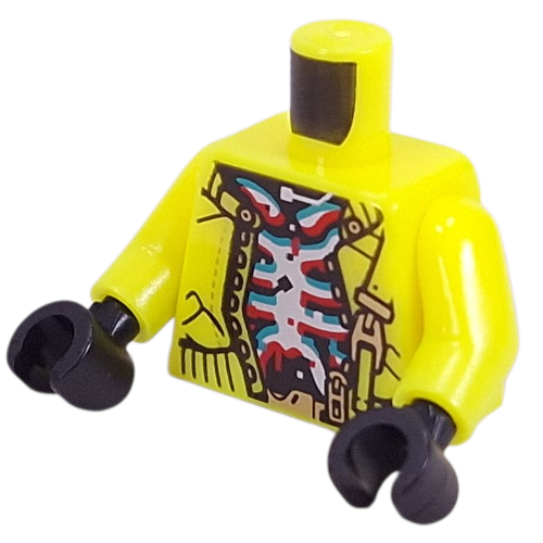Torso, Jacket, Gold Strap, Silver Skeleton on Black Background print, Vibrant Yellow Arms, Black Hands Leuchtgelb