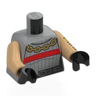 Torso, Sweater, Red Stripe, Gold Chain Necklaces, Black Belt print, Warm Tan Arms, Black Hands Light Bluish Gray