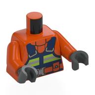 Torso, Dark Blue Overall, Neon Green/Silver Safety Stripes, Wolen Sweater print, Reddish Orange Arms, Dark Bluish Gray Hands Reddish Orange