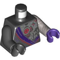 Torso, Odd Arms and Hands, Robe with Dark Purple Trim, over Robot Panels Print, Left Flat Silver Arm and Dark Purple Hand, Right Black Arm and Hand Black