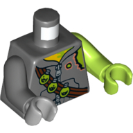 Torso, Odd Arms and Hands, Hoodie with Zipper, Torn Shoulder, Bandolier with 3 Toxic Bulbs Print, Left Lime Arm and Hand, Right Dark Bluish Gray Arm and Light Bluish Gray Hand Dunkelblaugrau