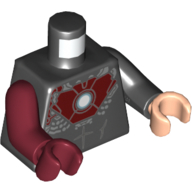 Torso, Odd Arms and Hands, Armor with Dark Red Chestplate, White/Light Blue Circle (Arc Reactor) Print (Iron Man), Left Black Arm and Light Nougat Hand, Right Dark Red Arm and Hand Schwarz