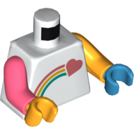 Torso, Odd Arms and Hands, Coral Shooting Heart and Rainbow Print, Left Bright Light Orange Arm and Dark Azure Hand, Right Coral Arm and Bright Light Orange Hand Weiß
