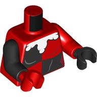 Torso, Odd Arms and Hands, Jester Costume, Black Quarters Front and Back, White Puffy Collar Print, Left Red Arm and Black Hand, Right Black Arm and Red Hand Red