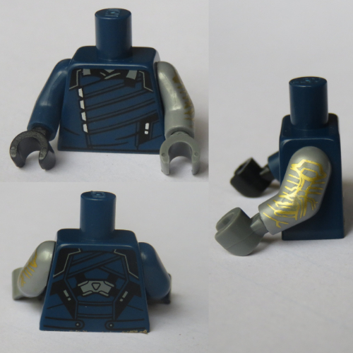 Torso, Odd Arms and Hands, Vest, Black Trim Print (Winter Soldier), Left Light Bluish Gray Arm and Dark Bluish Gray Hand, Right Dark Blue Arm and Black Hand Dark Blue
