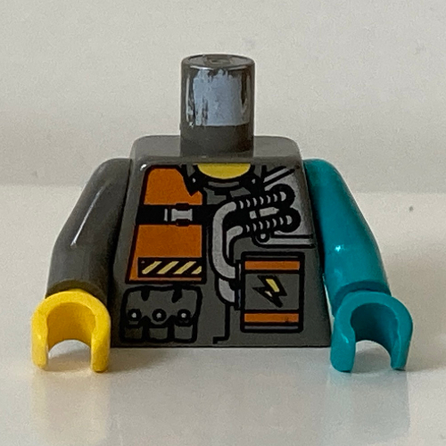 Torso, Odd Arms and Hands, Orange Patch, 2 Hoses Print (Chief) , Left Dark Turquoise Arm and Hand, Right Dark Gray Arm and Yellow Hand Dunkelgrau