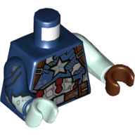 Torso, Odd Arms and Hands, Armor, Tattered, Red and White Stripes, Silver Star, Dark Bluish Gray Mud print (Captain America), Left Light Aqua Arm and Reddish Brown Hand, Right Dark Blue Arm and Light Aqua Hand Dark Blue