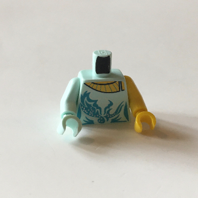 Torso, Odd Arms and Hands, Figure Skating Top with Azure Waves and Silver Stars print, Left Yellow Arm and Hand, Right Light Aqua Arm and Hand Hellaqua