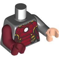 Torso, Odd Arms and Hands, Iron Man Armor Print, Left Dark Bluish Grey Arm and Dark Bluish Gray Hand, Right Dark Red Arm and Black Hand Dunkelblaugrau