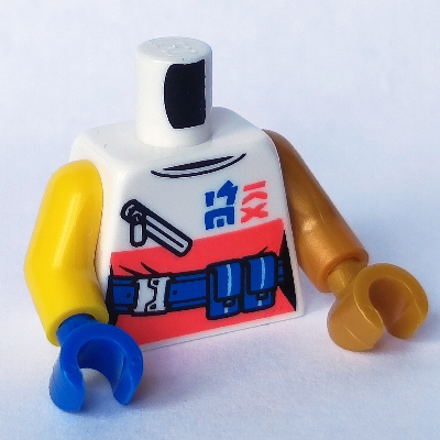 Torso, White/Coral Shirt, Blue Utility Belt, Zipper print, Odd Arms and Hands, Left Pearl Gold Arm and Hand, Right Yellow Arm and Blue Hand White