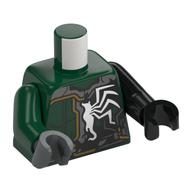 Torso, Odd Arms and Hands, Dark Green Armor, Yellow Line, Black Venom Transition, White Spider print, Left Black Arm and Hand, Right Dark Green Arm and Dark Bluish Grey Hand Dark Green