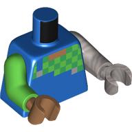 Torso, Odd Arms and Hands, Pixelated Checkered Green/Bright Green Shirt, Blue Overall print, Left Flat Silver Arm and Hand, Right Bright Green Arm and Medium Nougat Hand Blau