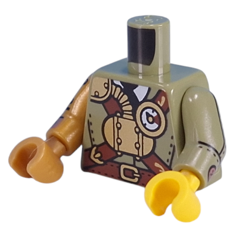 Torso, Odd Arms and Hands, Gold Apparatus, Gauge, Reddish Brown Streps, Mechanical Arm with Silver/Copper Pistons print, Left Pearl Gold Arm and Hand, Right Olive Green Arm and Yellow Hand Olivgrün