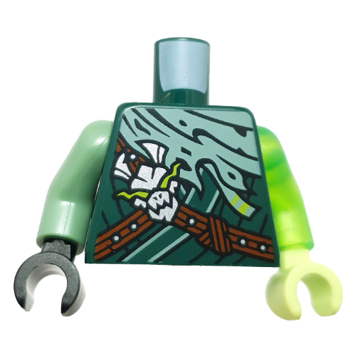Torso, Odd Arms and Hands, Ninjga Robes Sand Green Cloak, Reddish Brown Straps, Silver Skull print, Left Trans-Bright Green Arm, Yellowish Gren Hand, Right Sand Green Arm and Black Hand Dunkelgrün