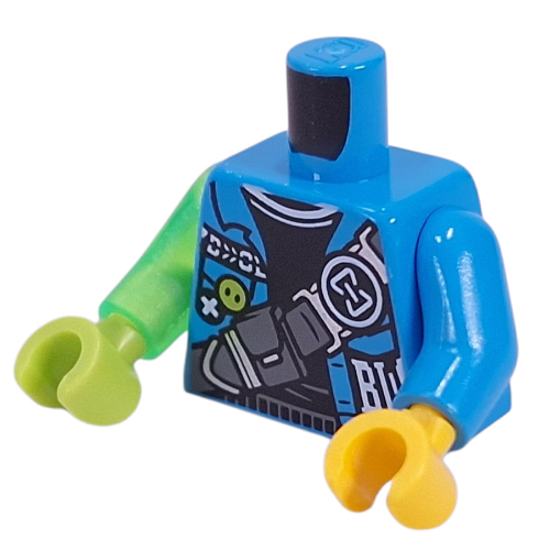 Torso, Odd Arms and Hands, Jacket, Black Shirt, Dark Bluish Grey Strap with Pouch print, Left Dark Azure Arm and Yellow Hand, Right Trans-Bright Green Arm and Lime Hand Dark Azure