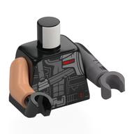 Torso, Odd Arms and Hands, Space Suit, Silver Straps, Armor, Red Details print, Left Flat Silver Arm and Light Bluish Gray Hand, Right Nougat Arm and Black Hand Black